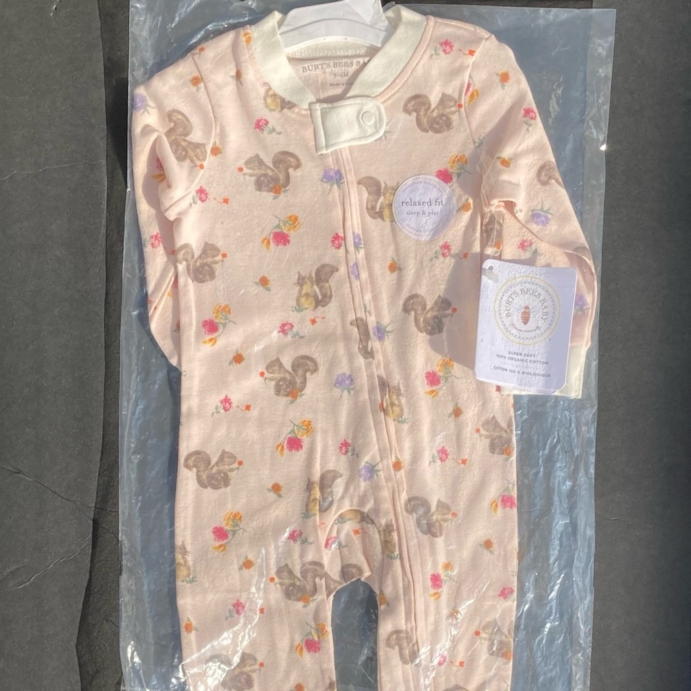 Burt’s Bees Baby Sleep ‘N Play 3-6 M Squirrels Organic Cotton Footed Sleeper New